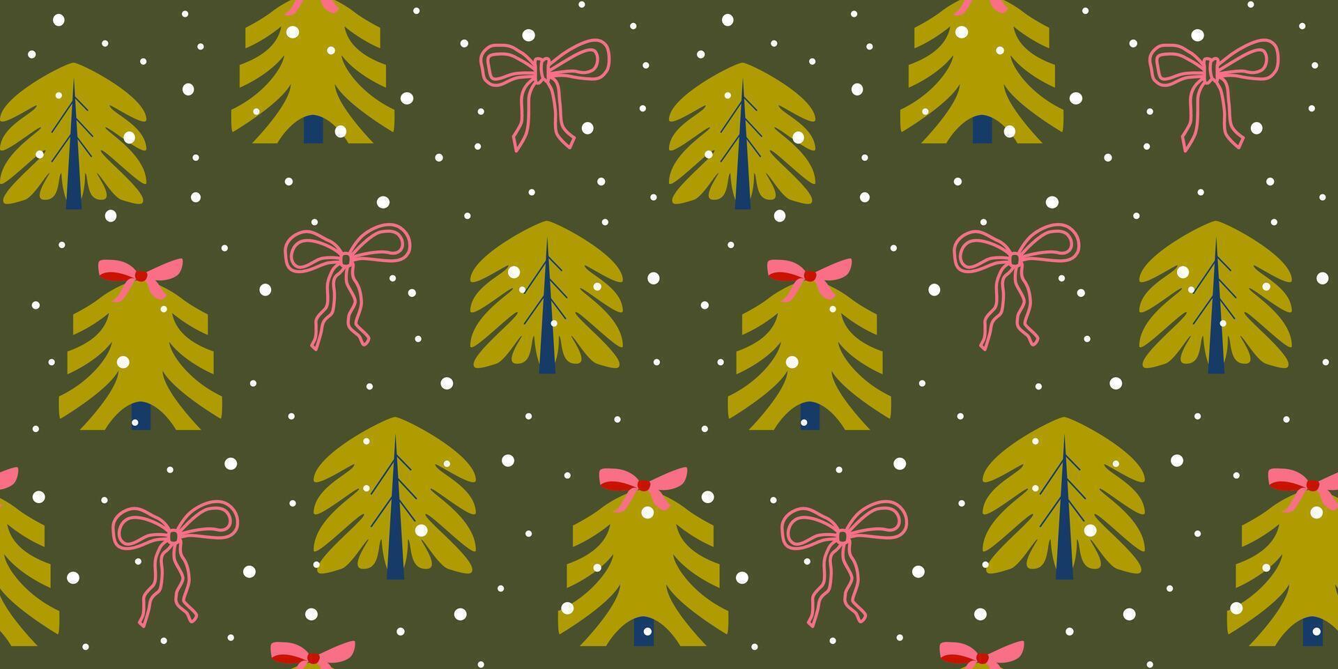 Christmas tree and bows seamless pattern. Snowy winter festive background. Coquette ribbons. New Year. backdrop, digital paper, wallpaper. vector