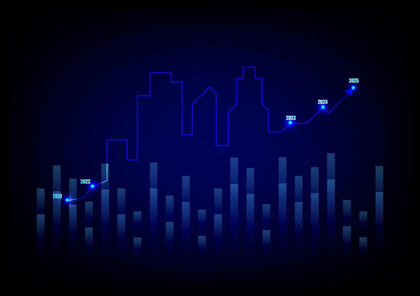 Real estate investment concept. The glowing and neon light of the home with an upper arrow graph on a dark blue background. Property growth and profit for the future. vector