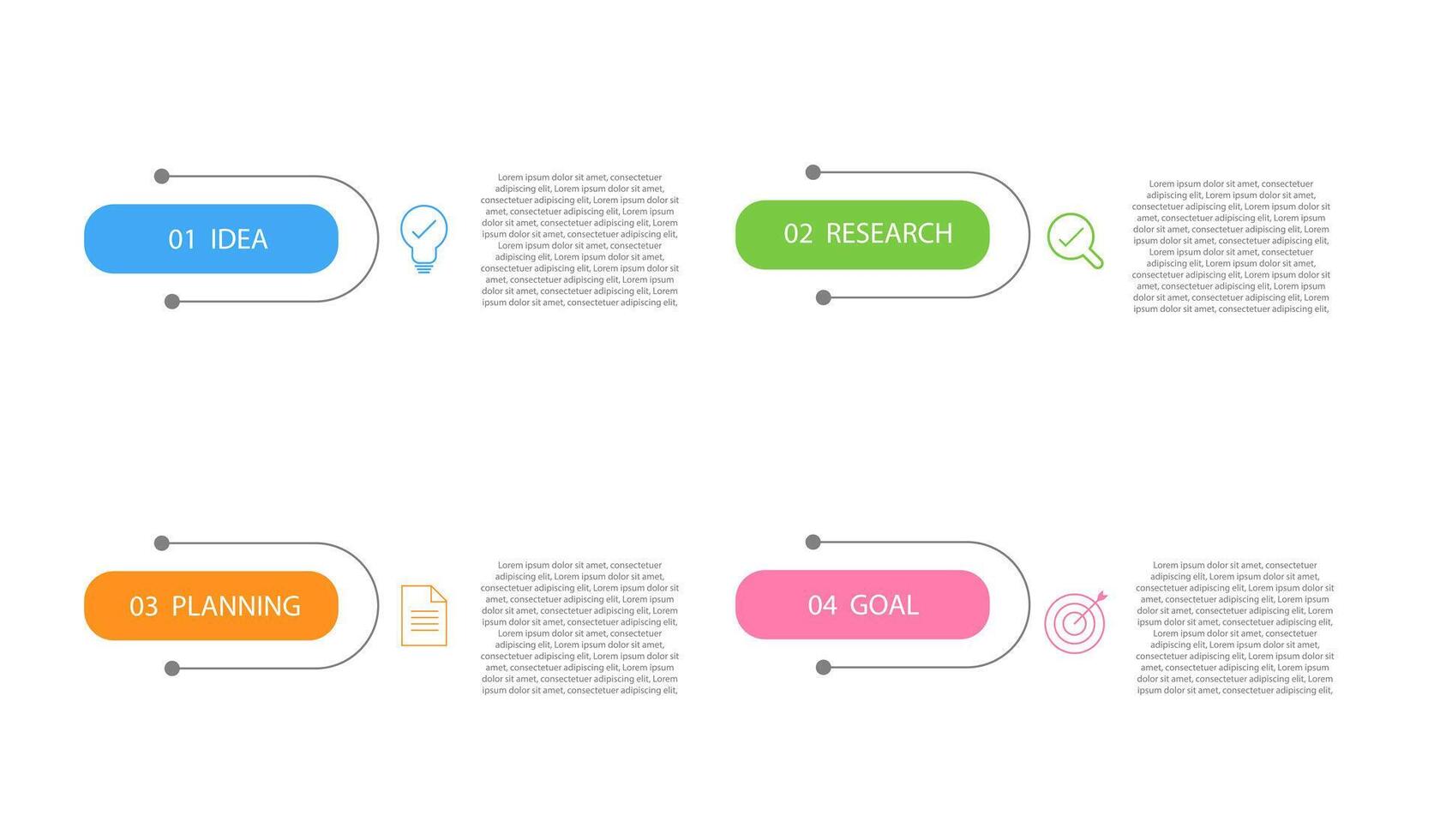 Business infographics template. 4-step design option. Workflow chart data on a white background. For presentation, process diagrams, business strategy elements illustration. vector