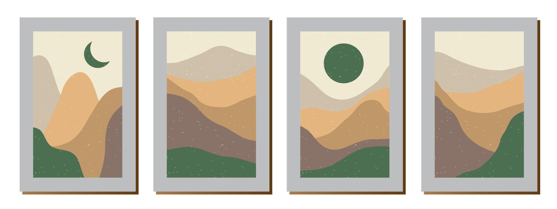 Set of creative abstract mountain landscape and mountain range backgrounds.Mid century modern illustrations with hand drawn mountains,sea or lake,sky,sun and moon.Trendy vector