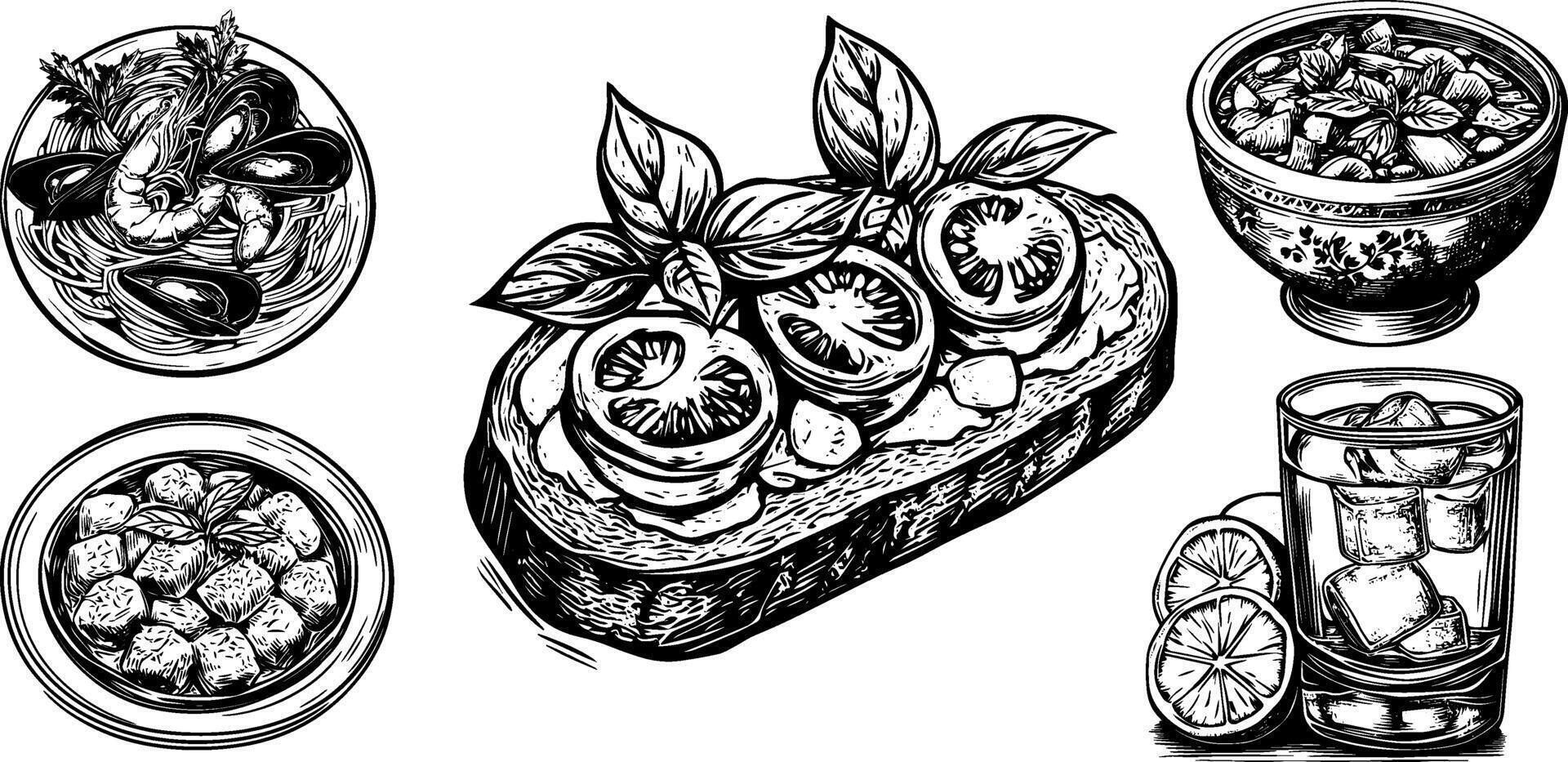 illustration set of minestrone soup and bruschetta, featuring limoncello and seafood on a plate. vector