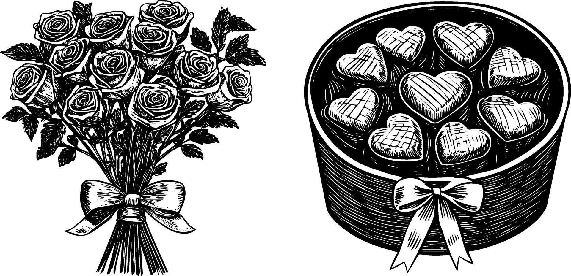Vintage set of a rose bouquet, heart shaped chocolates, and candy box. Hand drawn sketch in black and white. vector
