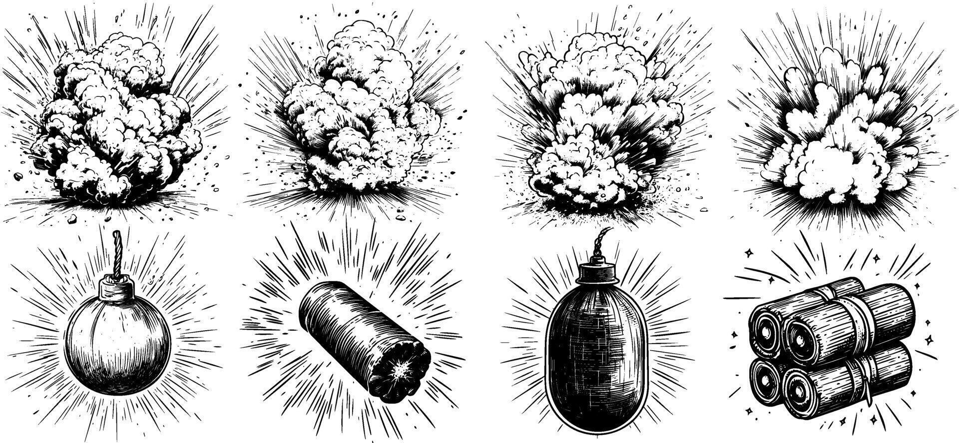 Vintage illustration of bomb and dynamite set. Engraved mushroom cloud explosion with fire and smoke. vector
