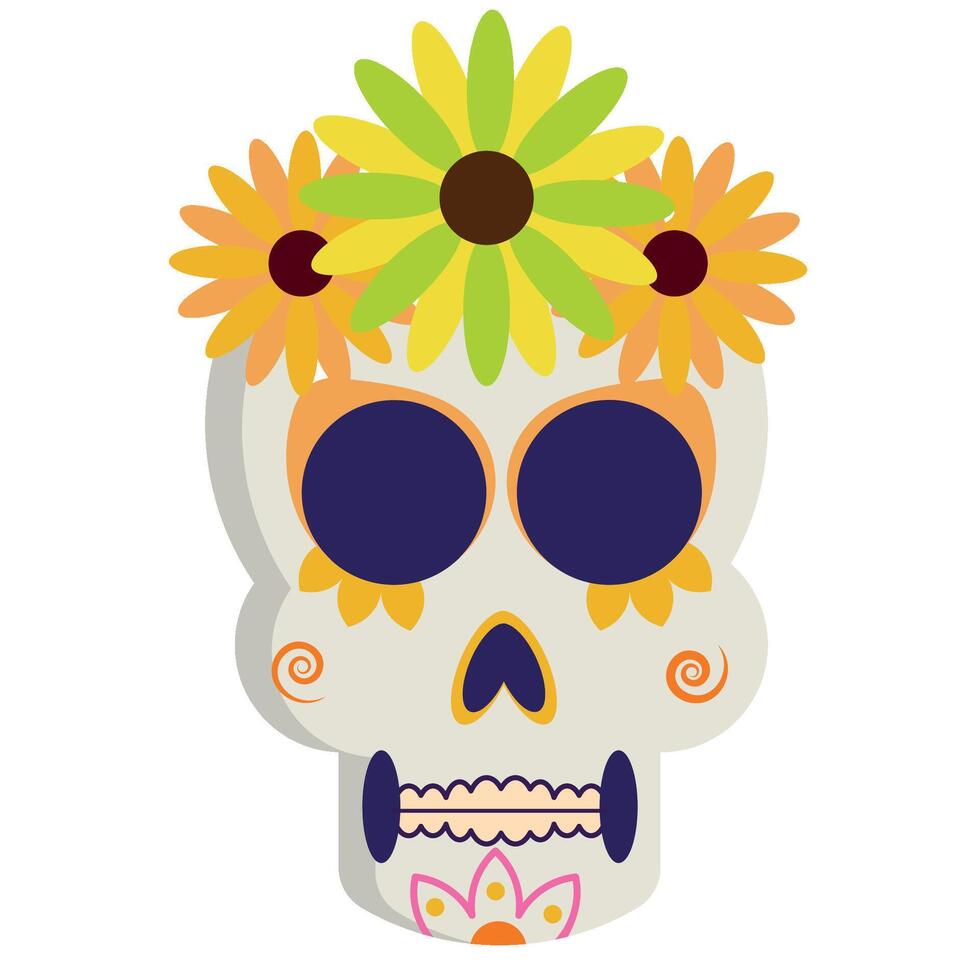 dia de los muertos skull with flowers vector