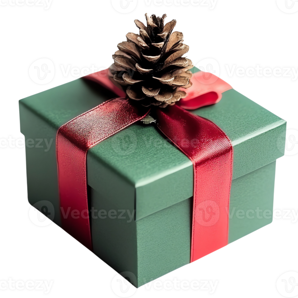 A green gift box with a red ribbon and a pine cone png