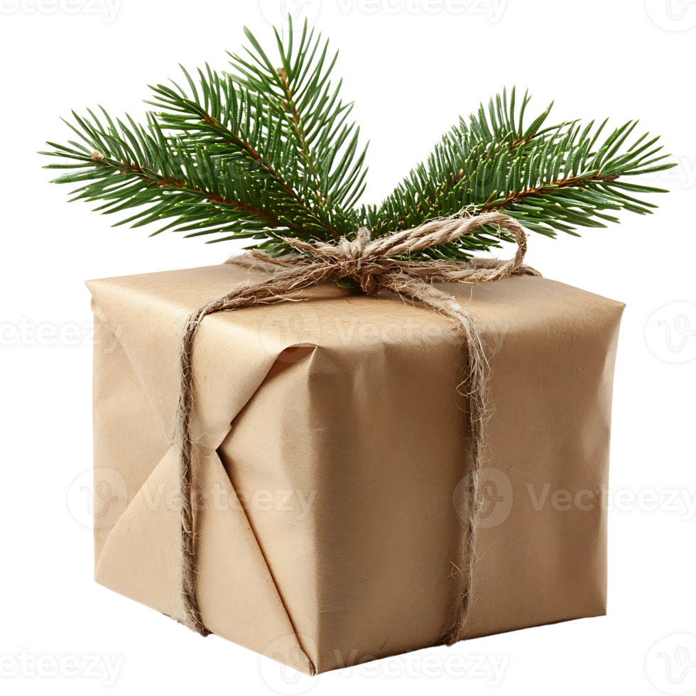 Christmas gift box with twine and pine branch png