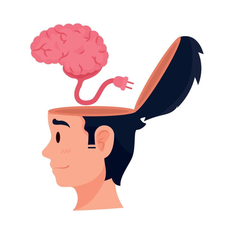 profile brain with electricity cable isolated vector