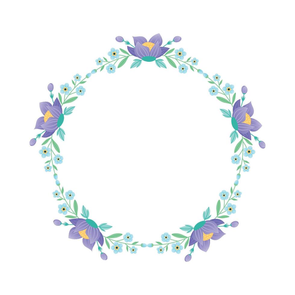 Round flower frame. Round frame with flowers around the perimeter. Delicate purple and blue flowers. illustration. vector