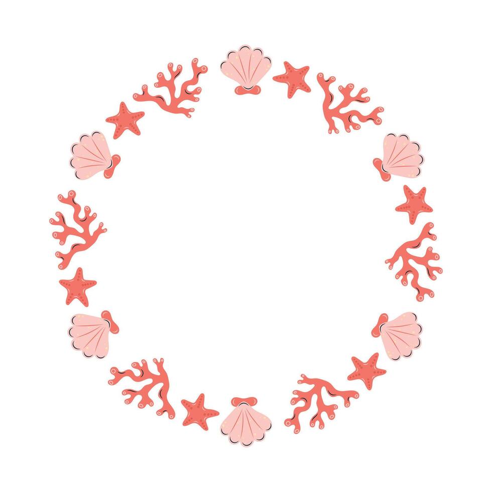 Round sea frame with shells and corals. Red corals and white background. For postcards and posters. illustration. vector