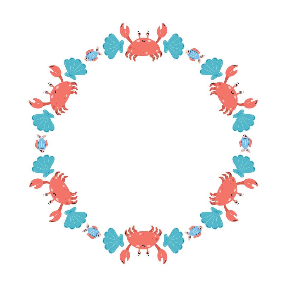 Round frame with crabs and shells. Red crabs and white background. For postcards and posters. illustration. vector