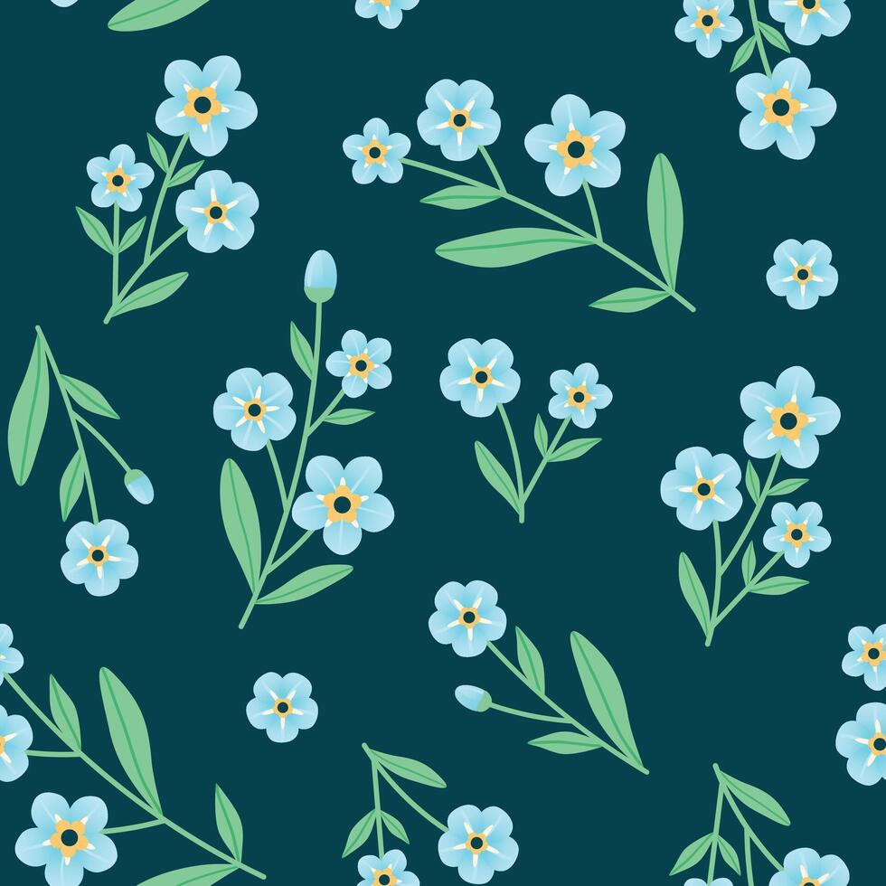 Seamless pattern with Forget me not Flower on dark background. Plant ornament for fabric, background, wallpaper. illustration. vector