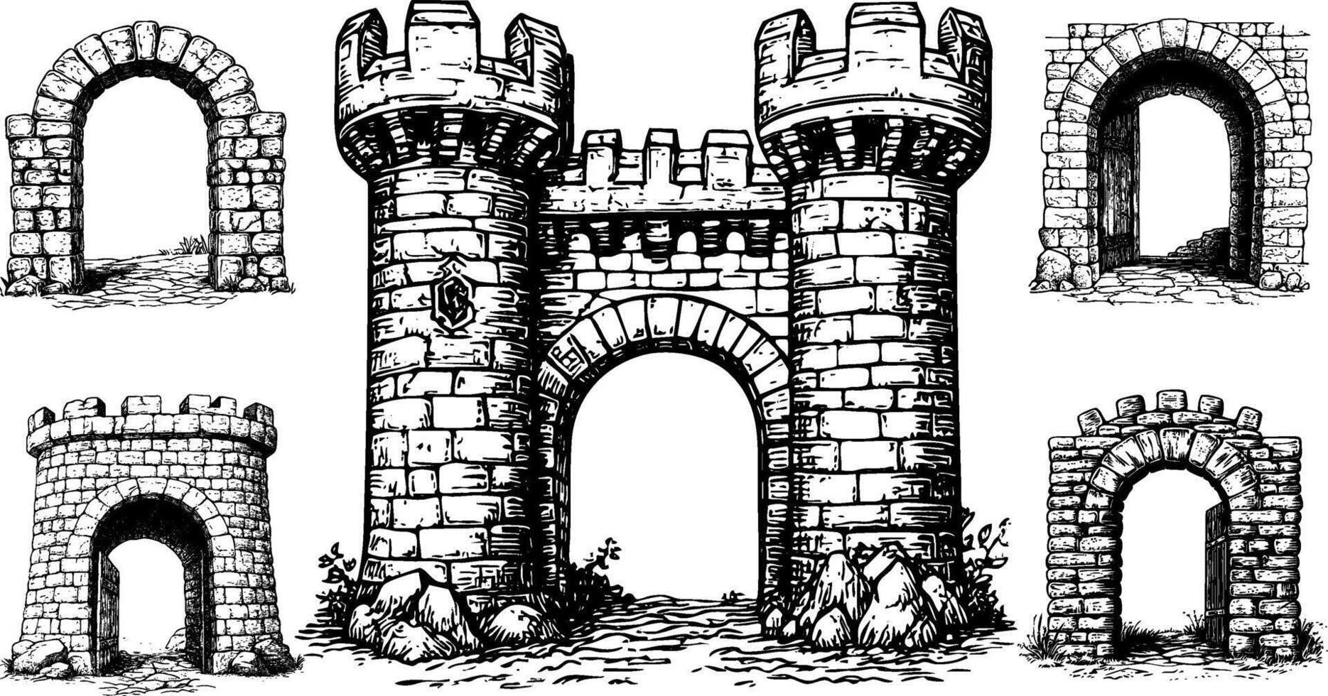 Medieval Stone Wall and Castle Door Set. Engraved Sketch of Ancient Brick Gates. vector