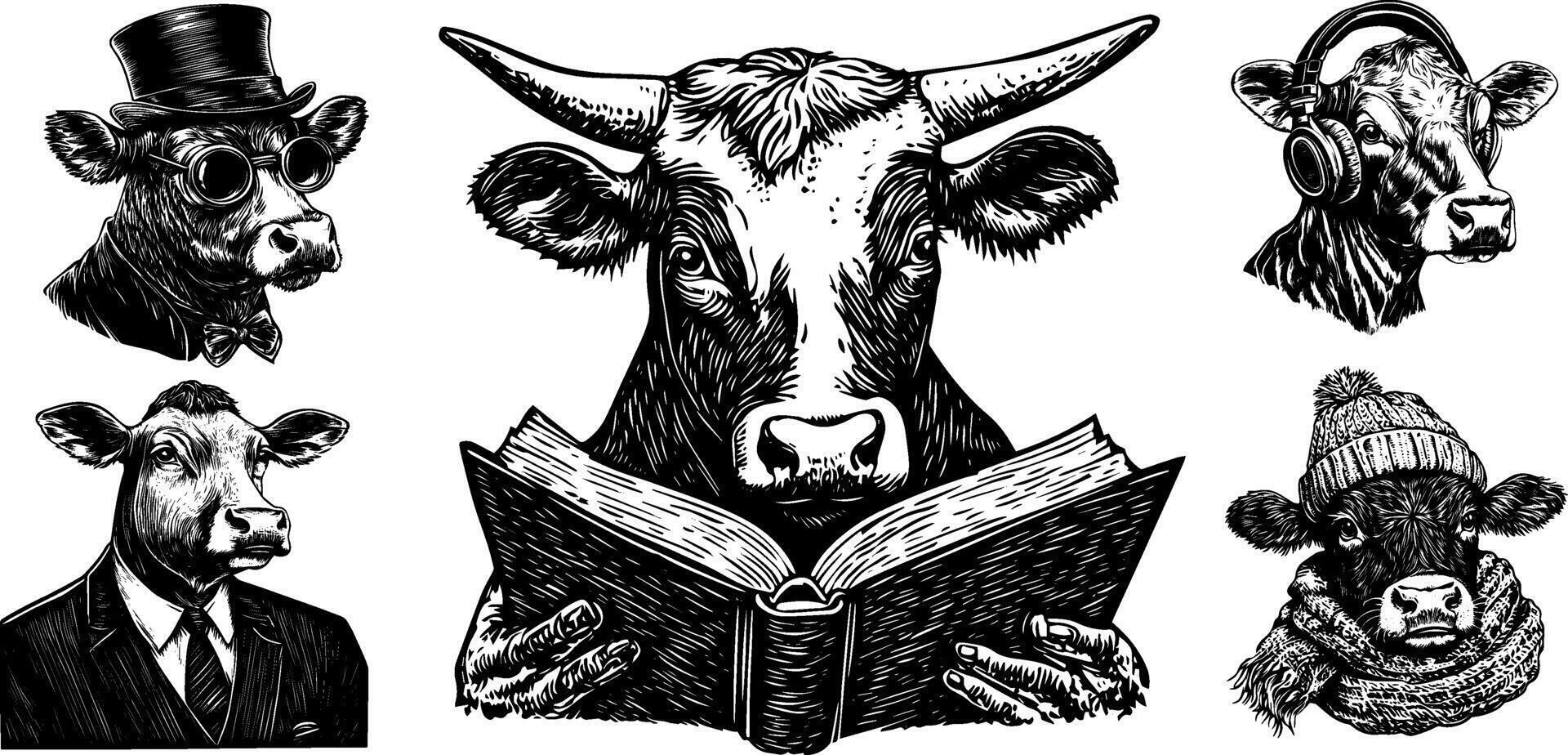 Vintage Illustration of a Cow Wearing a Tuxedo with Sunglasses and Headphones. Funny Cartoon Sketch Featuring a Person with a Book. vector