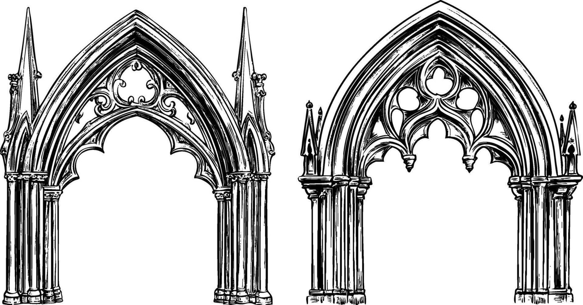 Vintage Set of Gothic and Romanesque Arches and Frames. Antique Decorative Elements. vector