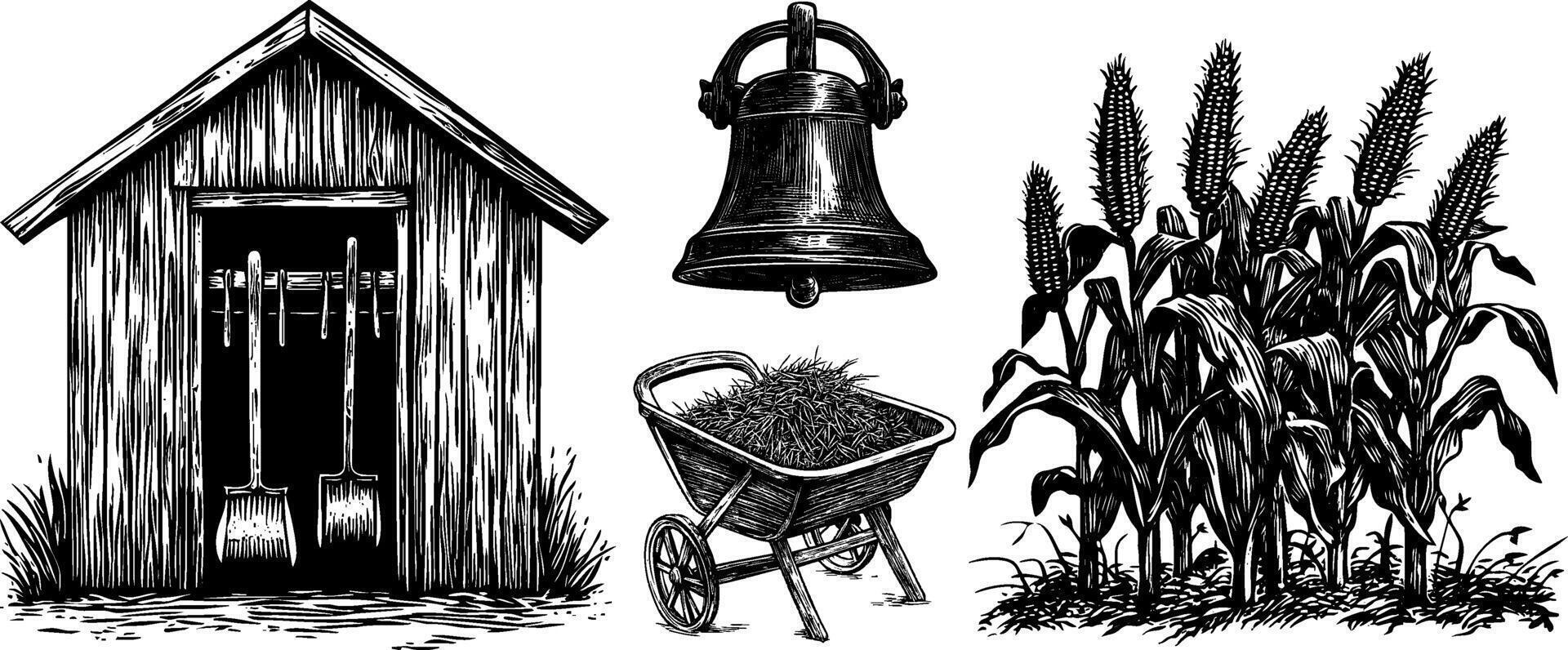 Vintage Sketch Set of Farm Tools Shed. Illustrated Wheelbarrow, Bell Corn Plants in a Field. vector