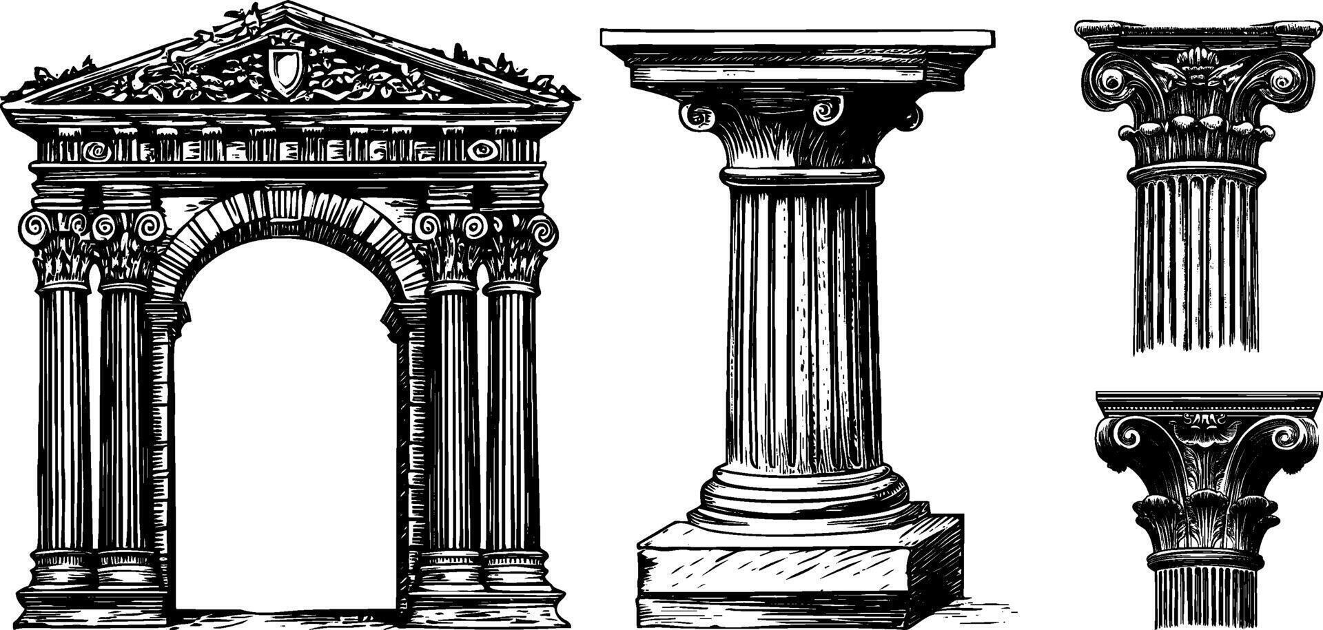 Set of Antique Arch, Pilaster, Columns and Pillars in Greek and Roman Architecture. vector
