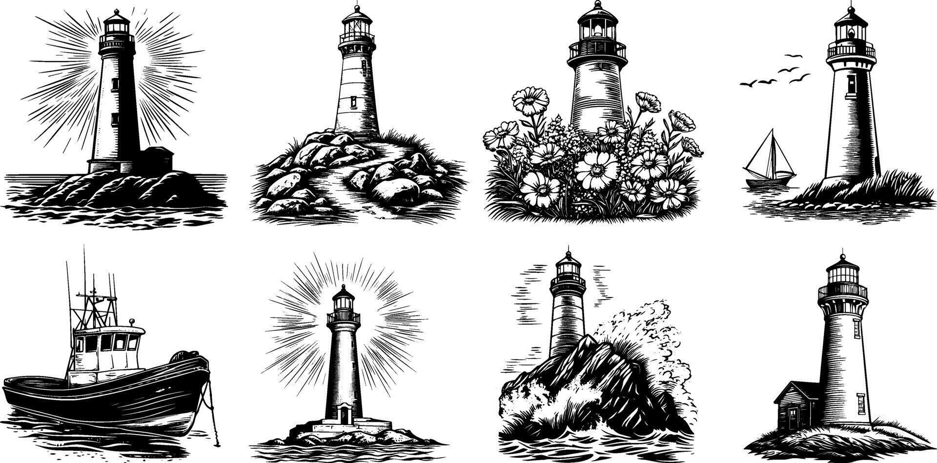 Vintage sketch Set of a lighthouse with clouds at the beach. Black and white illustration Pack. vector