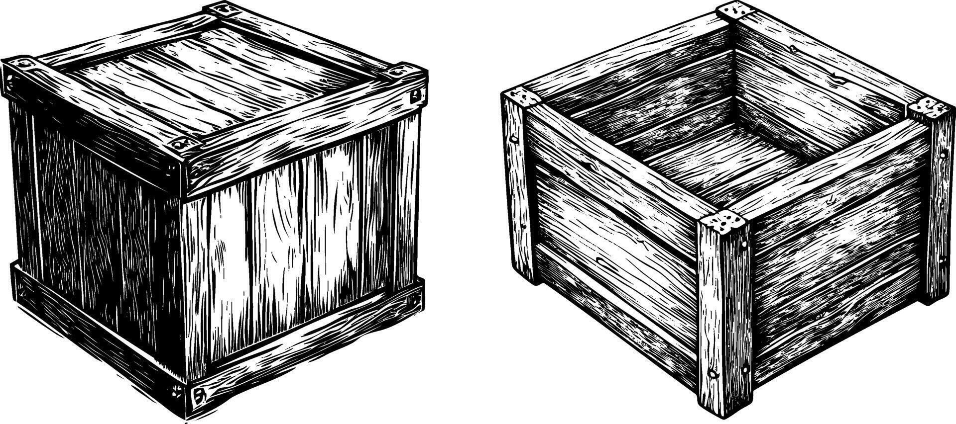 sketch of a wooden box crate. Vintage line art illustration of an empty hand drawn case. vector