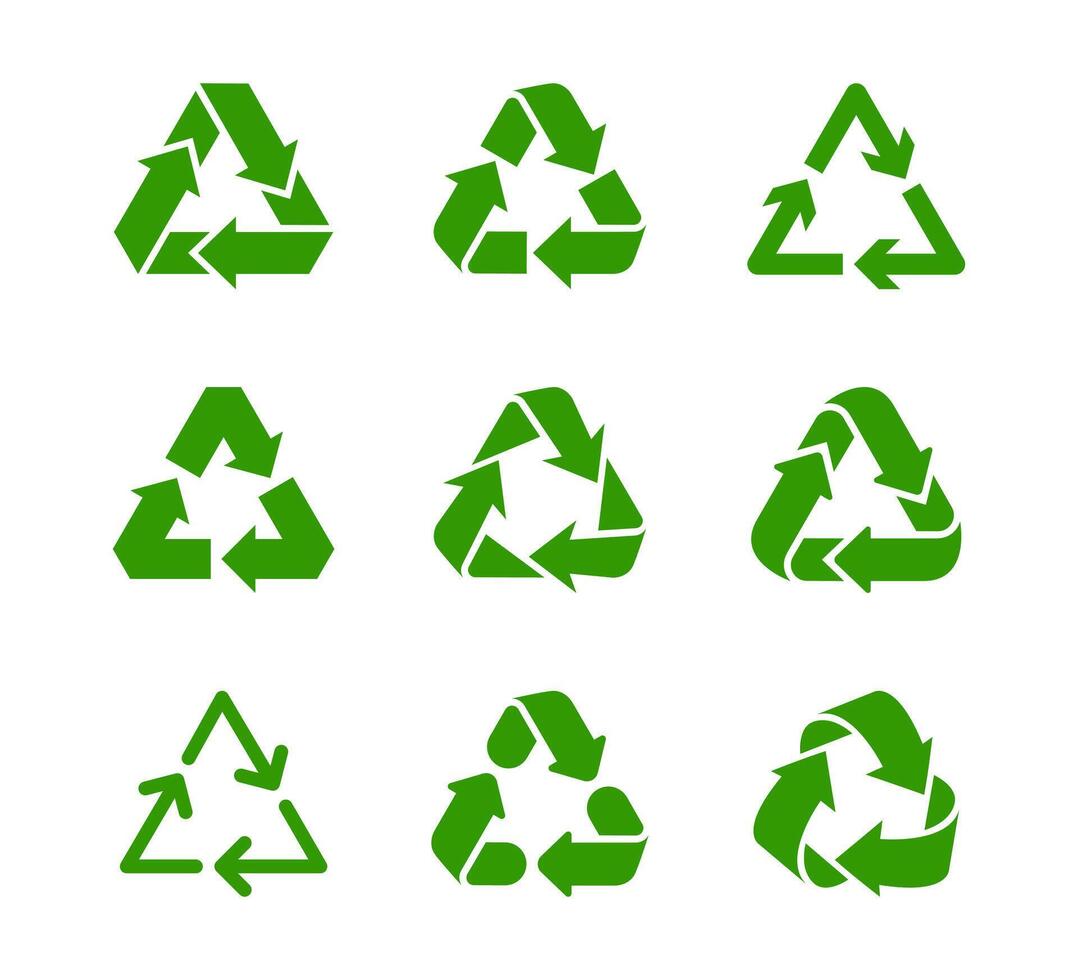 Waste recycling and environmental protection sign. Green triangle of three arrows on white background. icon set. vector