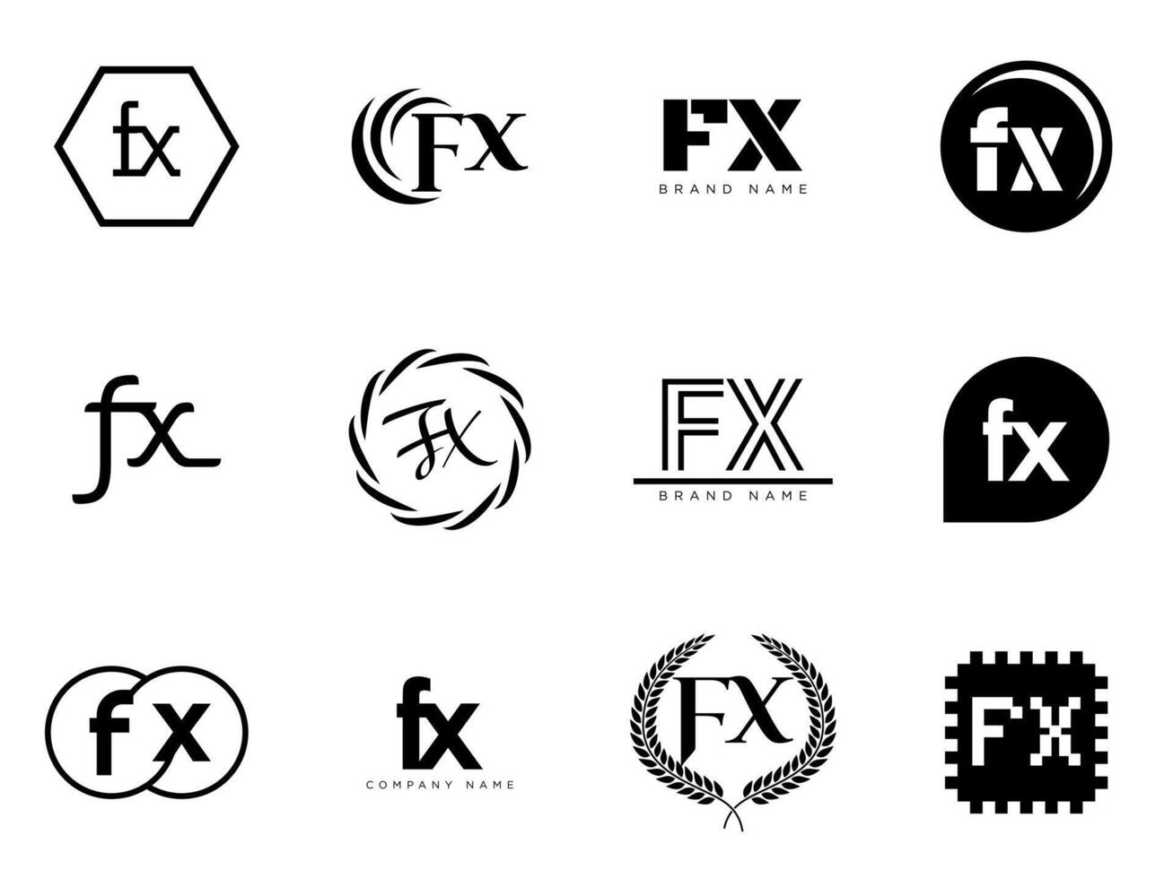 FX logo company template. Letter f and x logotype. Set different classic serif lettering and modern bold text with design elements. Initial font typography. vector