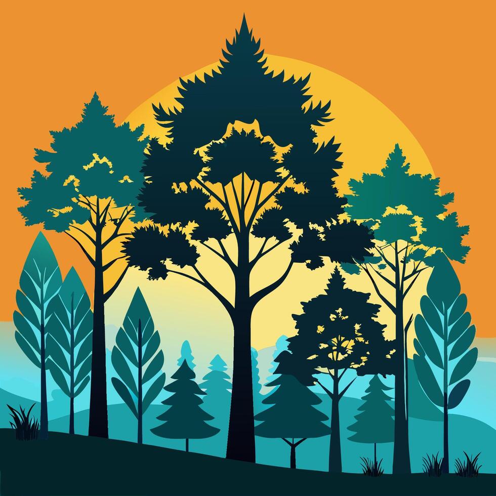 A forest with trees and sun in the background vector