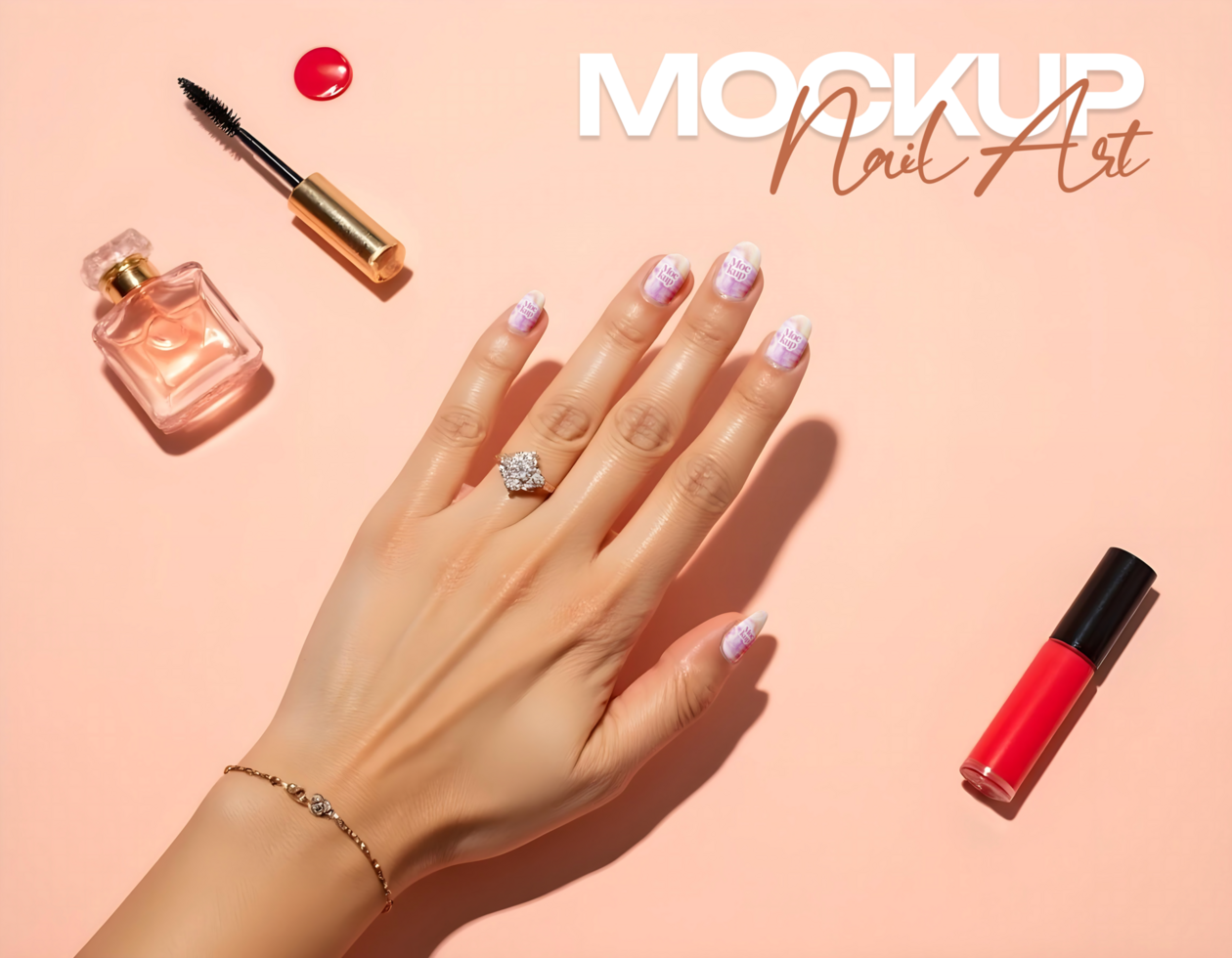 nail art mockup with decoration peach background psd