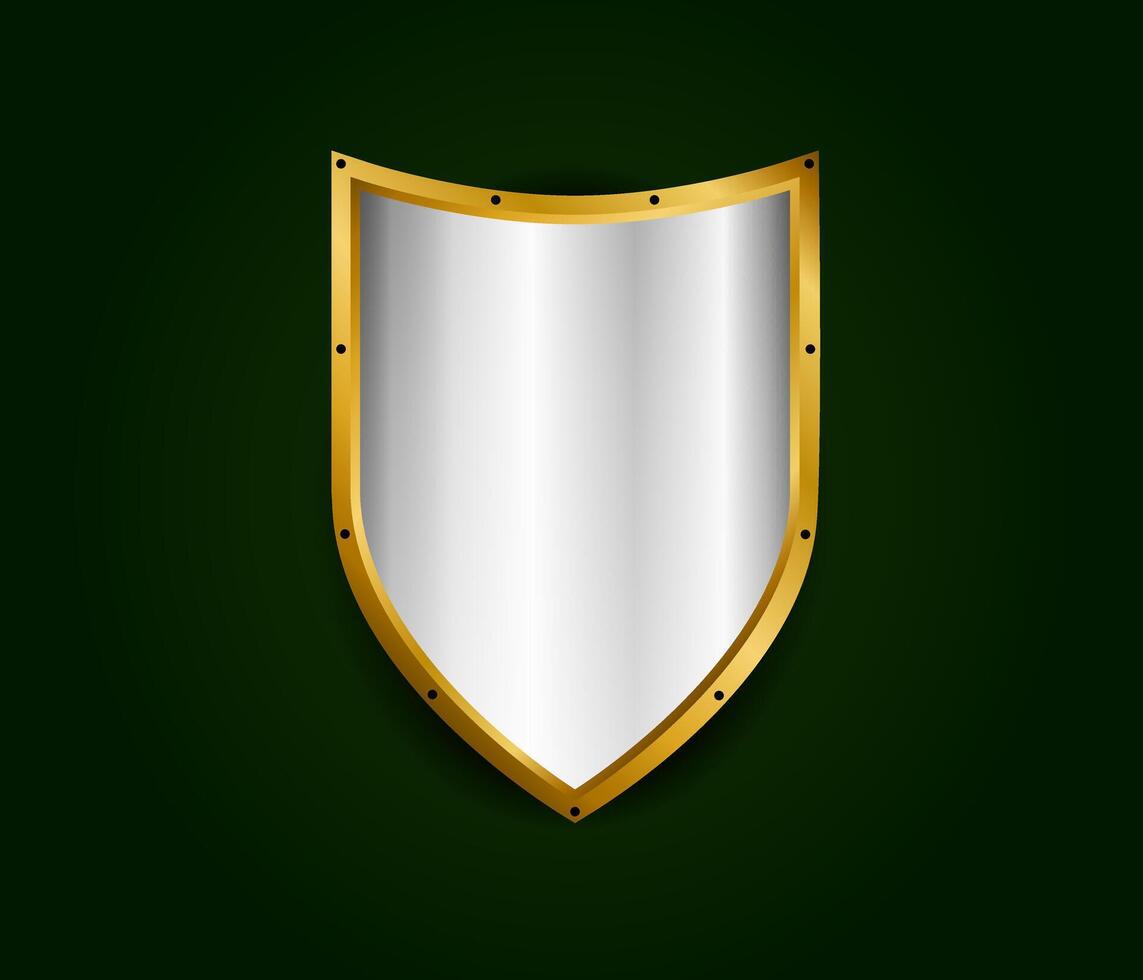 Metal realistic shield illustration. Silver with gold royal design. Security and safety symbol template vector