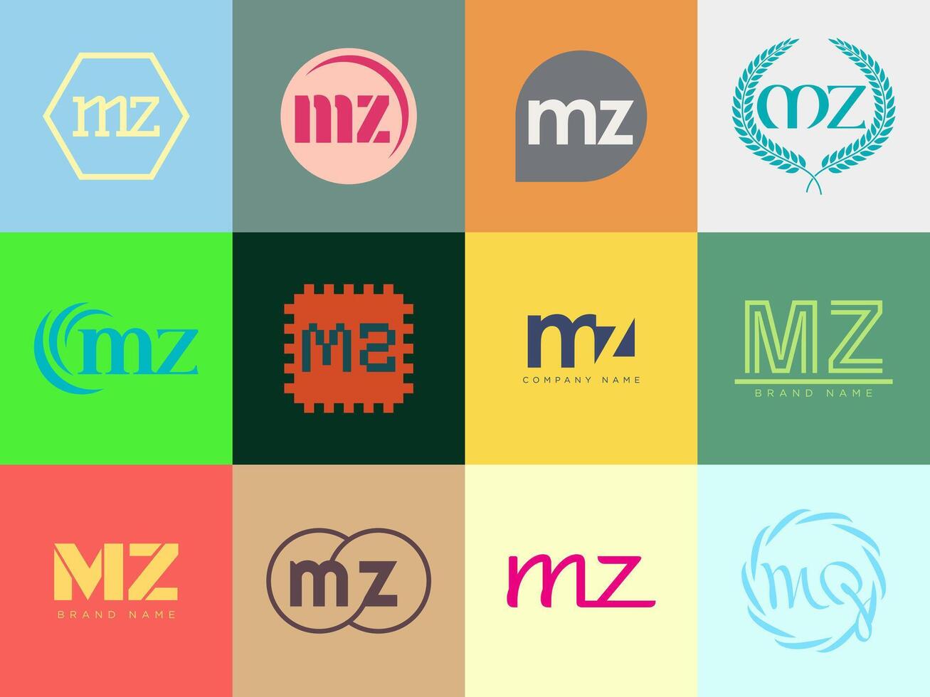 MZ logo company template. Letter m and z logotype. Set different classic serif lettering and modern bold text with design elements. Initial font typography. vector
