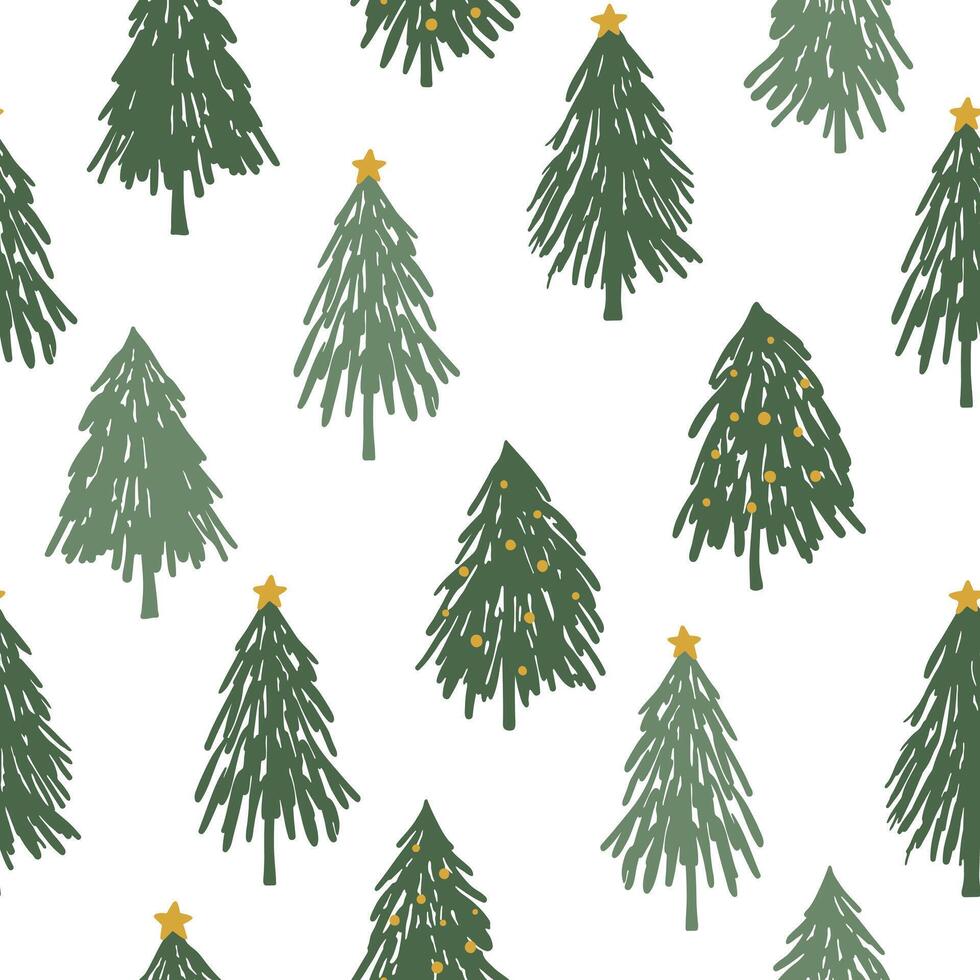 Hand drawn Christmas tree seamless pattern. Green trees with decorative elements on white background. Simple design for fabric, textile, wrapping paper, cover vector
