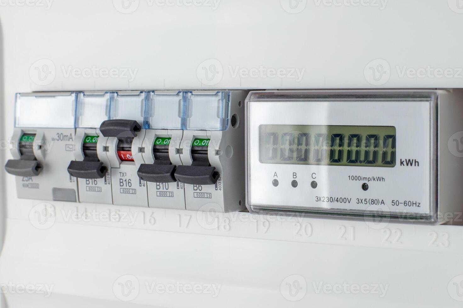 Modern Electrical Meter Panel with Circuit Breakers photo