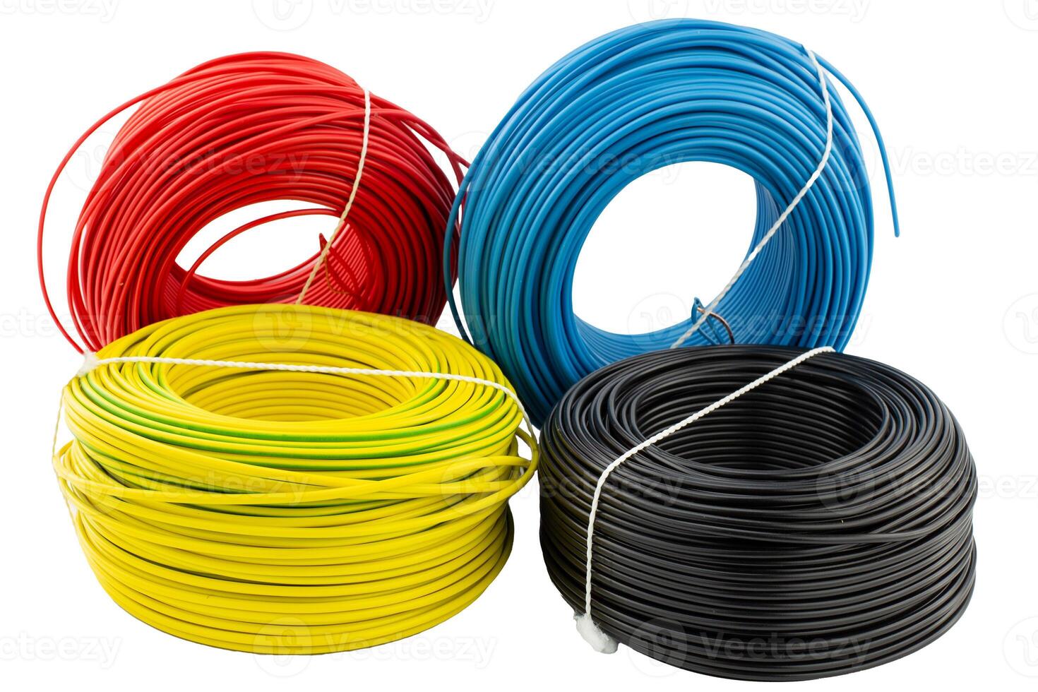 Coils of Colored Electrical Wires on White Background photo