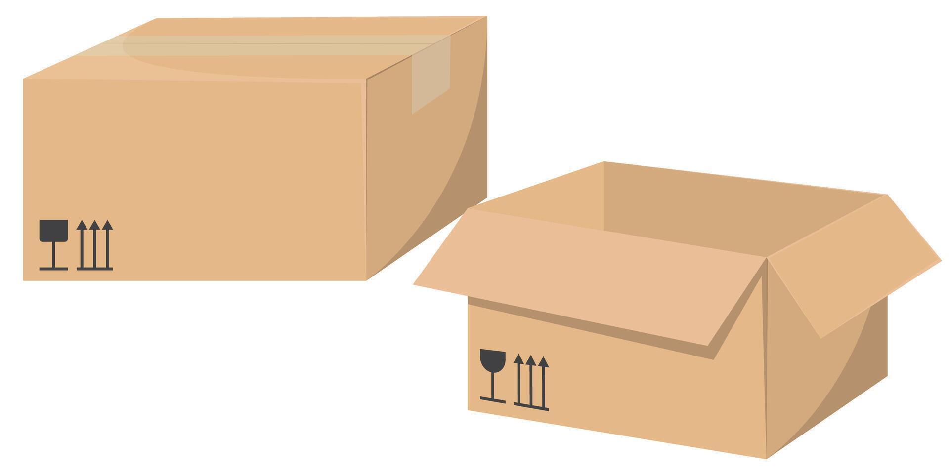 Realistic illustrations of cardboard boxes for delivery, featuring detailed craft packages in front and side views. vector