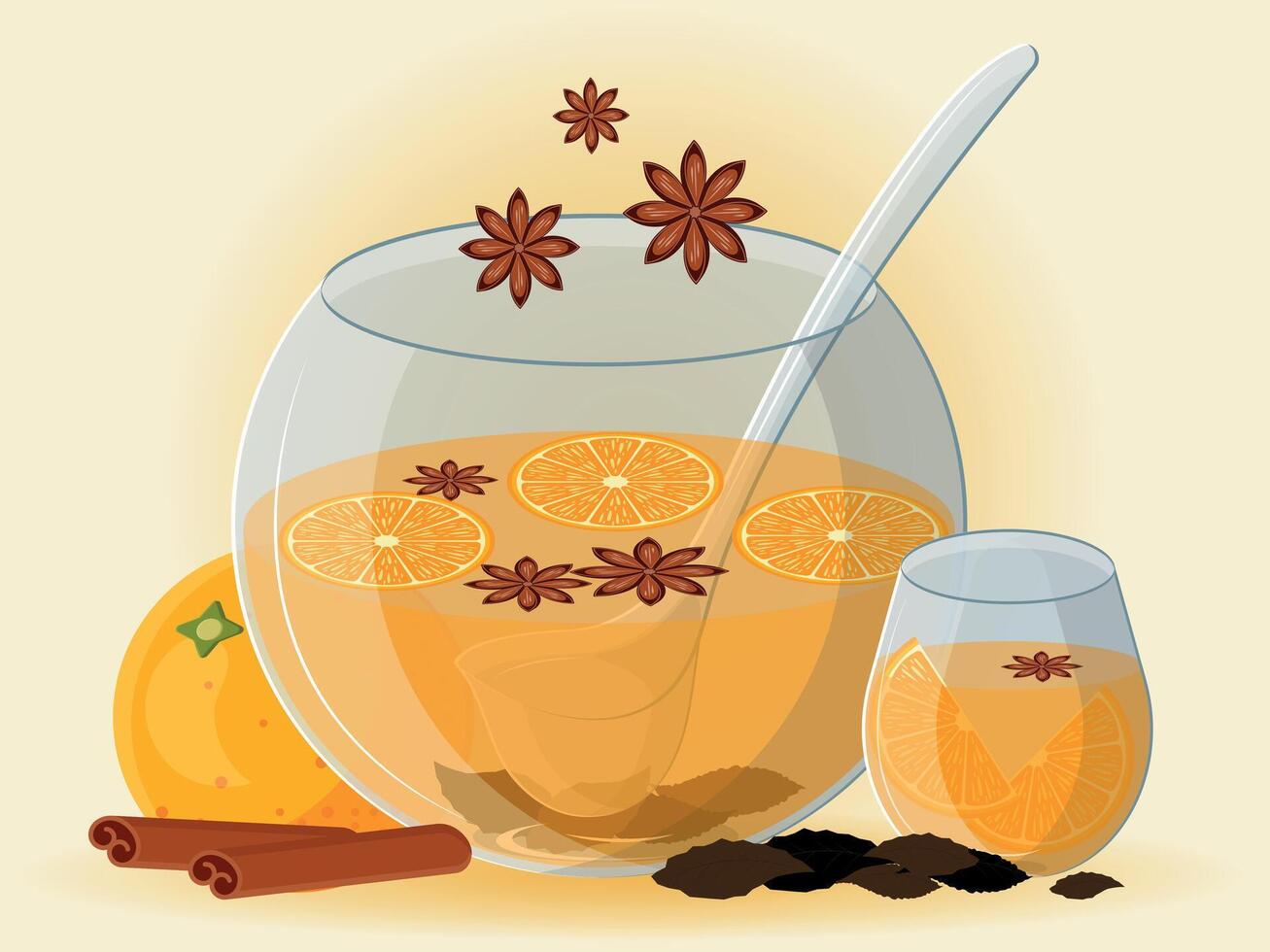 Orange punch with black tea and cinnamon vector