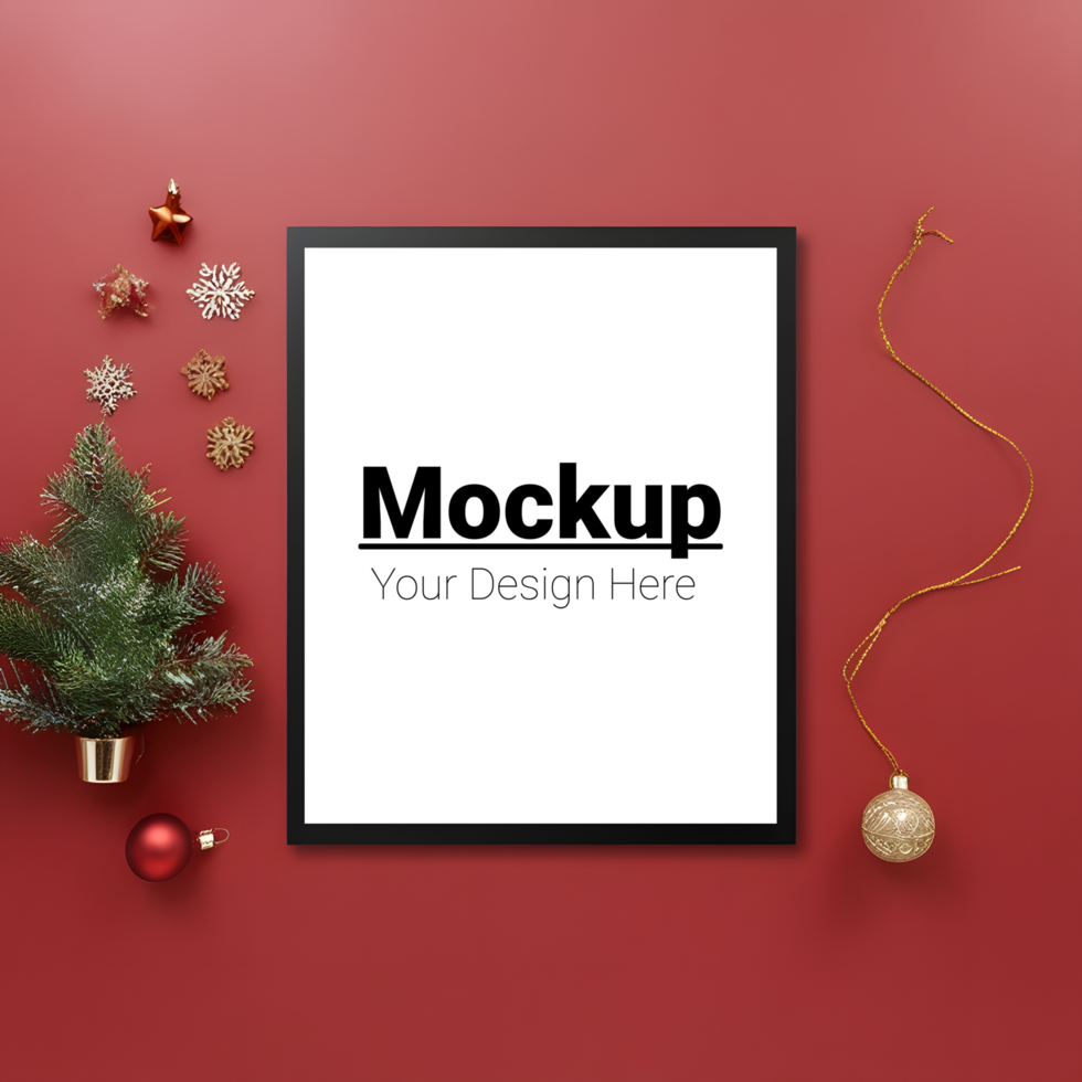 Cozy Frame Layout with Christmas Ornaments and Red Backdrop psd
