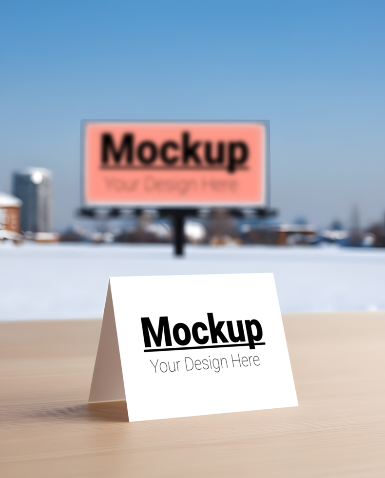 Card Mockup on Table with Billboard in the Background psd