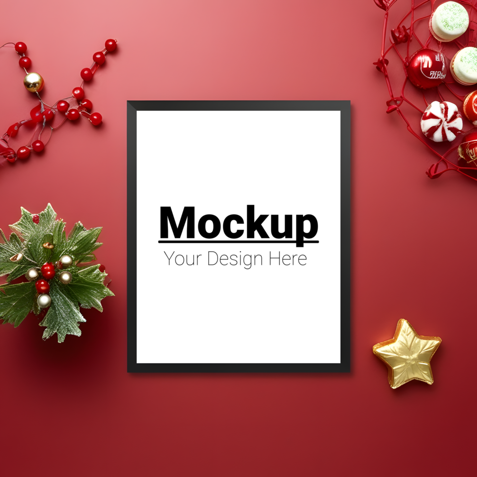 Holiday Frame Display with Festive Decor and Red Background psd