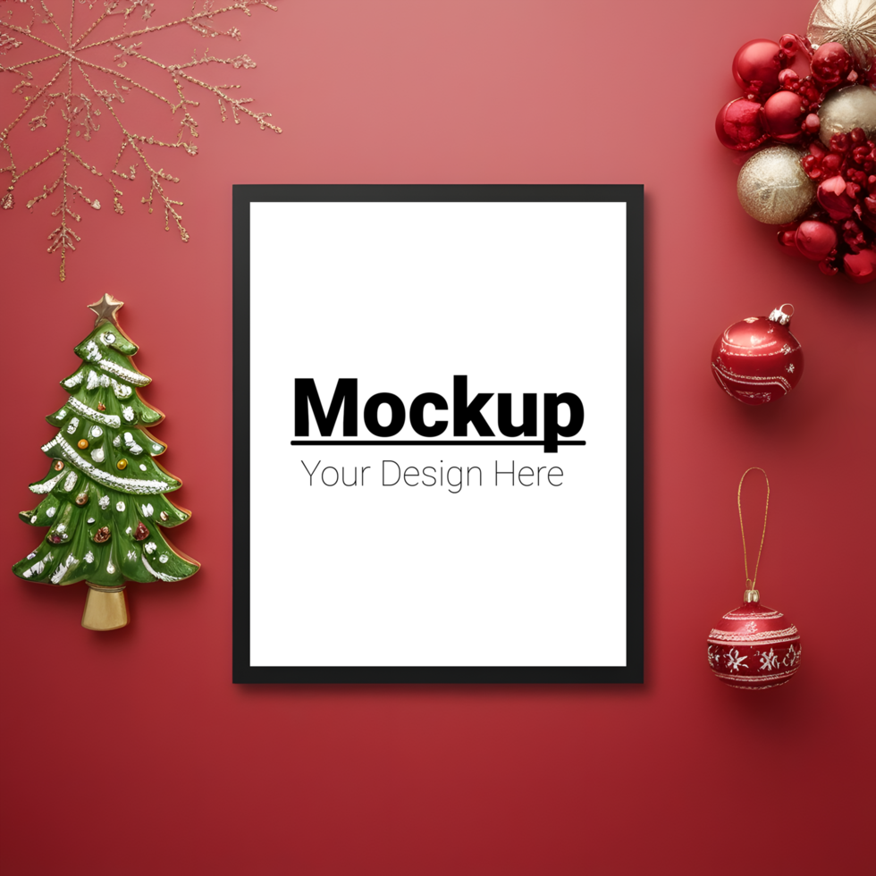 Christmas Frame Mockup Featuring Pine Branches on Red psd