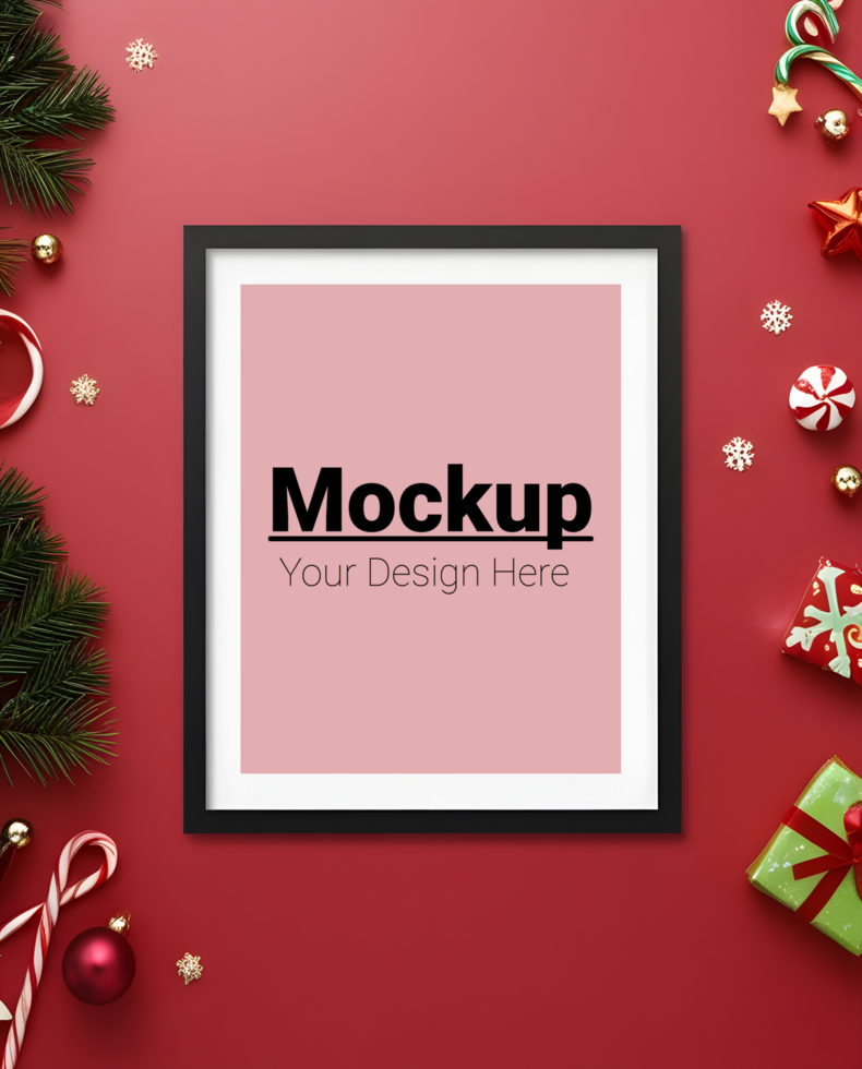 Warm Christmas Frame Mockup with Ornaments and Red Background psd
