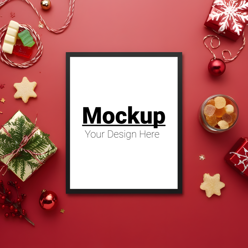 Festive Frame Mockup with Pine and Ornaments on Red Backdrop psd