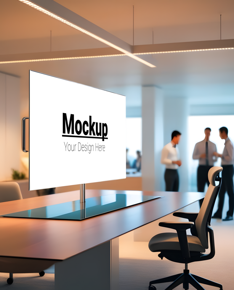 Contemporary Office Conference Mockup with Digital Screen Display psd