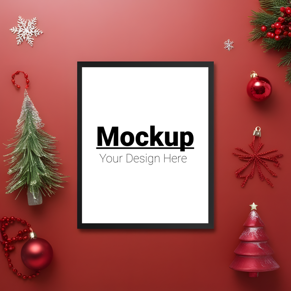 Merry Christmas Frame Presentation with Red and Holiday Decor psd