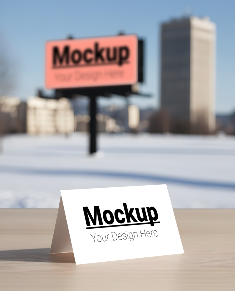 Tabletop Card Mockup with Outdoor Billboard Backdrop psd