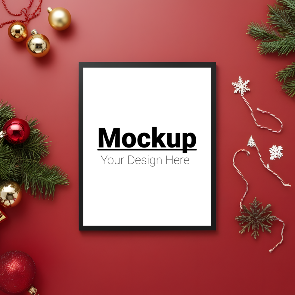 Christmas Frame Showcase Surrounded by Festive Decor on Red psd
