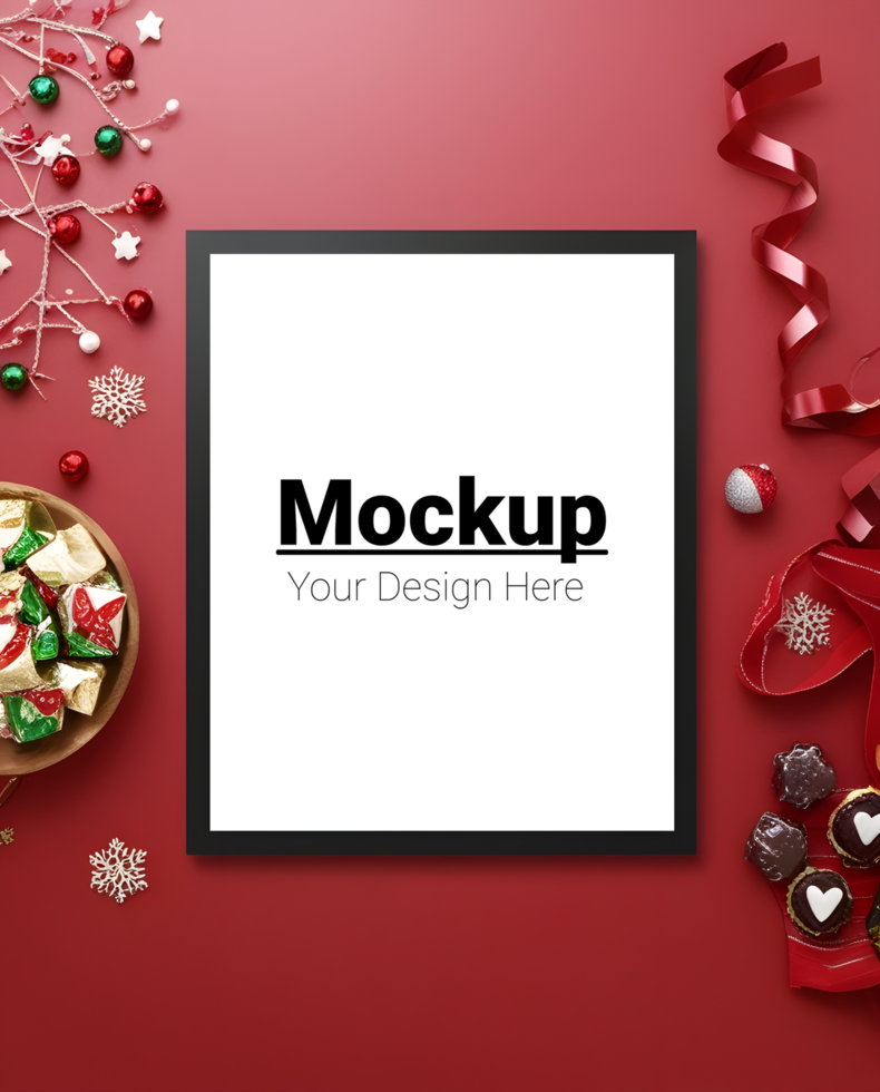 Cozy Christmas Frame Display with Ornaments on Red Background psd