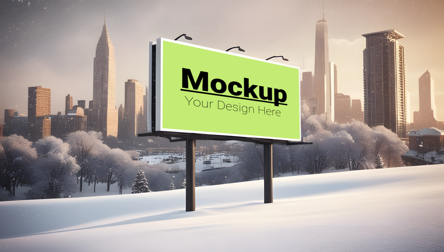 Urban Billboard Display with Snowy Winter City Backdrop psd