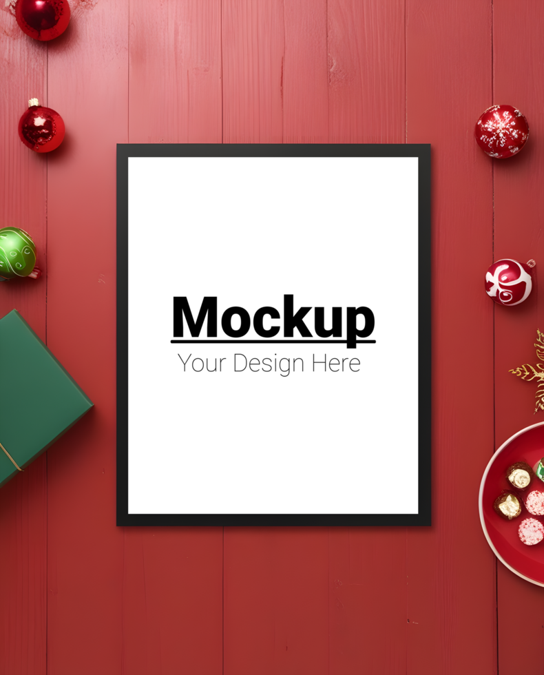 Joyful Christmas Frame Setup with Red Background and Festive Touches psd