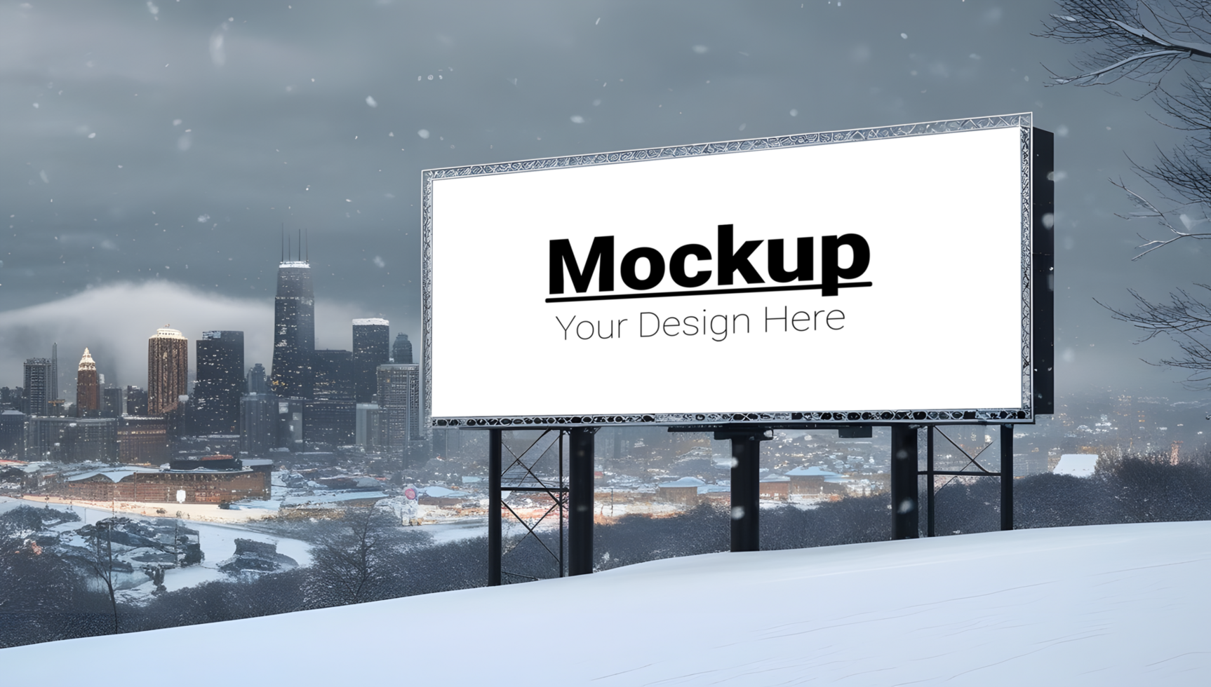 Snowy Cityscape with Billboard Mockup for Winter Campaigns psd