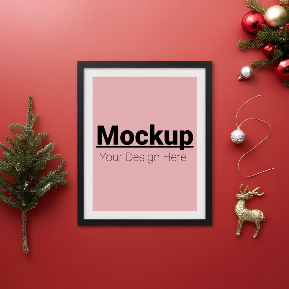 Holiday Frame Presentation with Christmas Accents on Red Backdrop psd