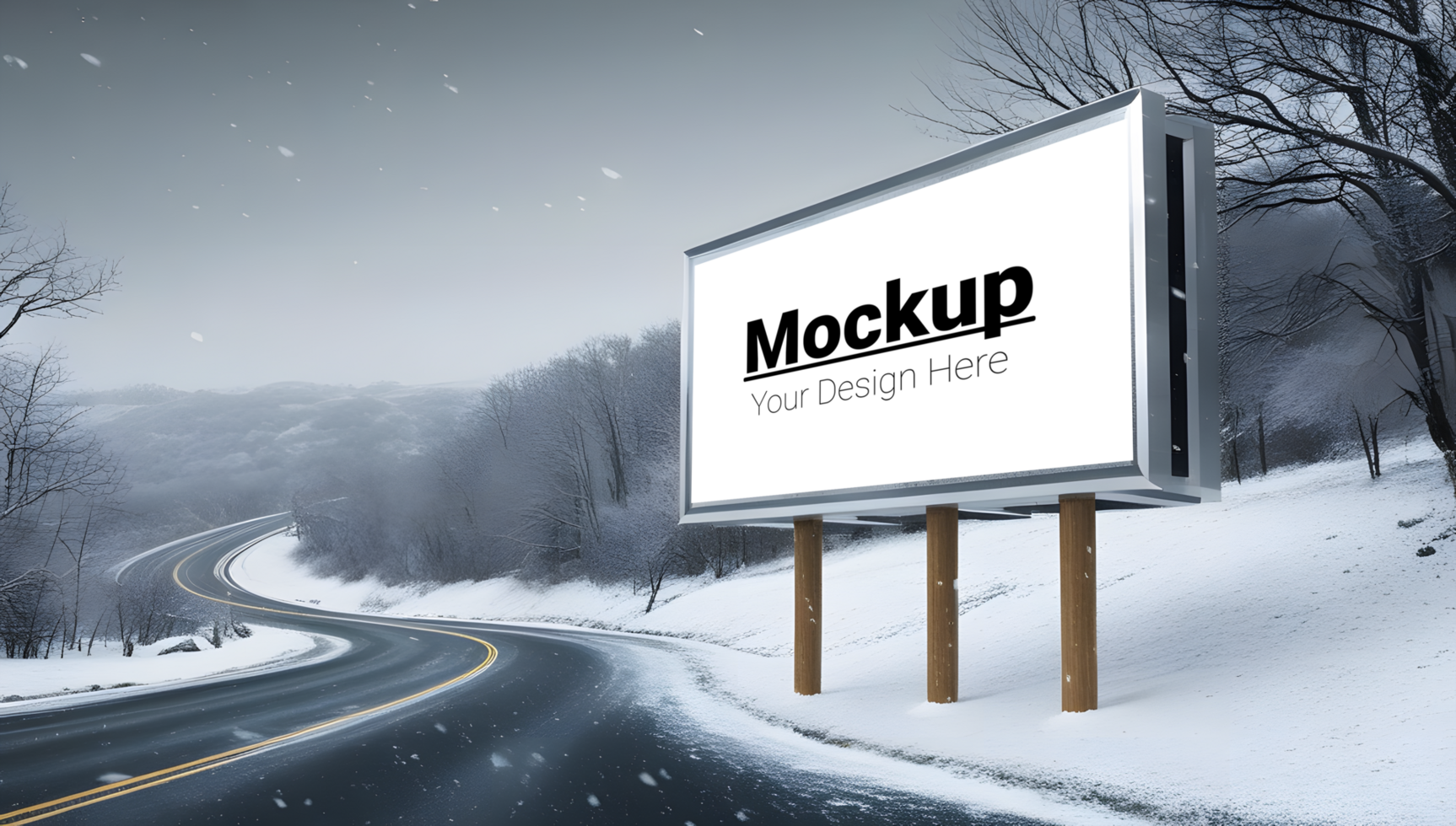 Snow-Covered Landscape with Winter Roadside Billboard Mockup psd