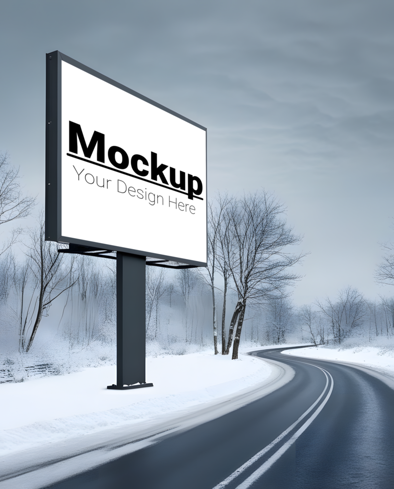 Roadside Billboard Display with Snowy Winter Backdrop psd
